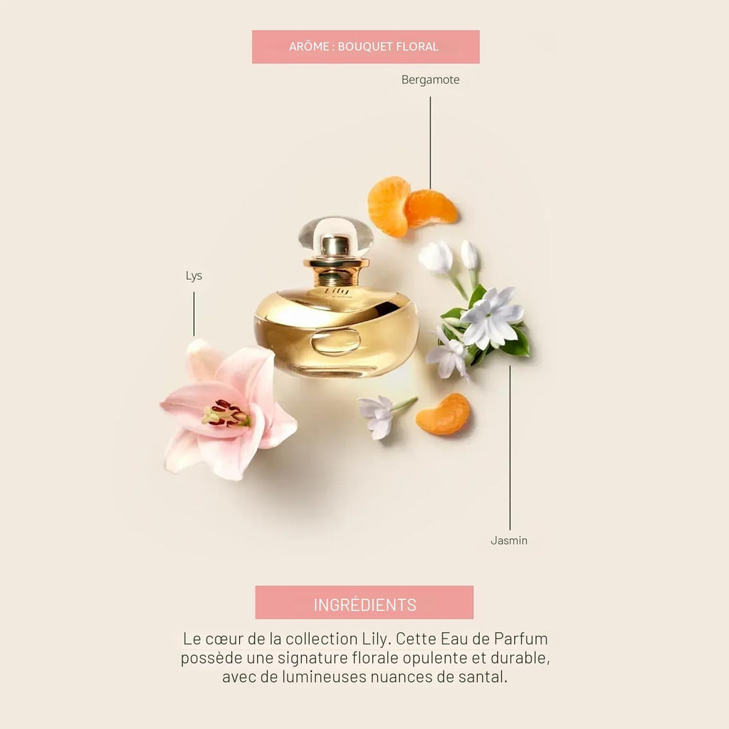 Flacon Lily Eau de Parfum O Boticário avec ses ingrédients : lys, jasmin et bergamote - Bouquet floral