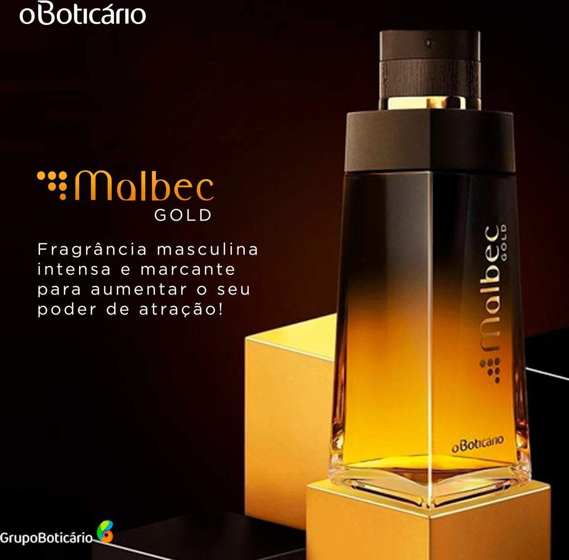 Malbec Gold flacon sur fond doré avec logo O Boticário