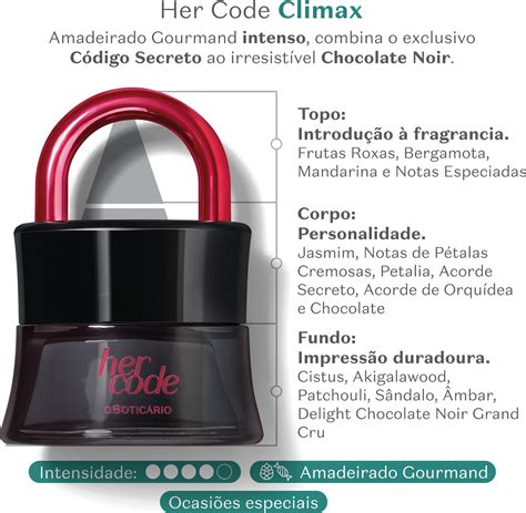 Her Code Climax O Boticário - Notes : fruits rouges, jasmin, patchouli, chocolat noir