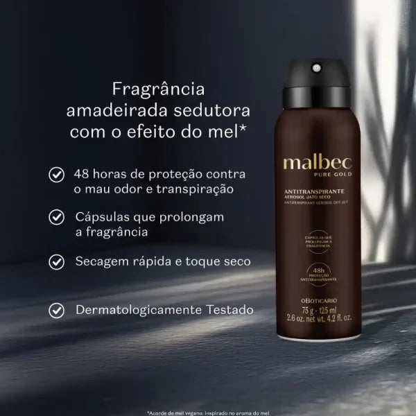 Malbec Pure Gold Antitranspirante Aerosol Jato Seco 125ml